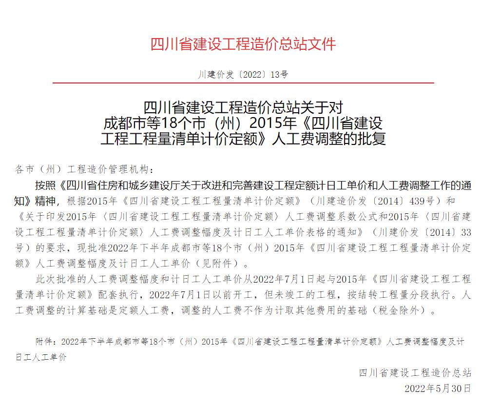 四川省建设工程造价总站关于对成都市等18个市（州）2015年《四川省建设  工程工程量清单计价定额》人工费调整的批复